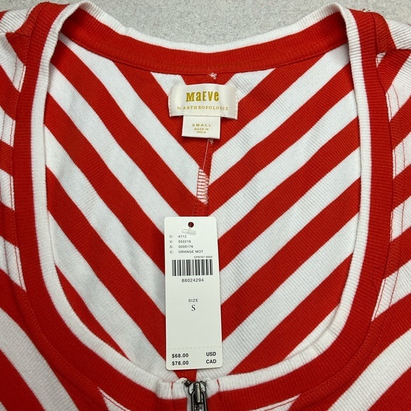 Anthropologie Maeve Scoop Neck Front Zip‎ Tee Small Orange & White Stripe… - Picture 4 of 8